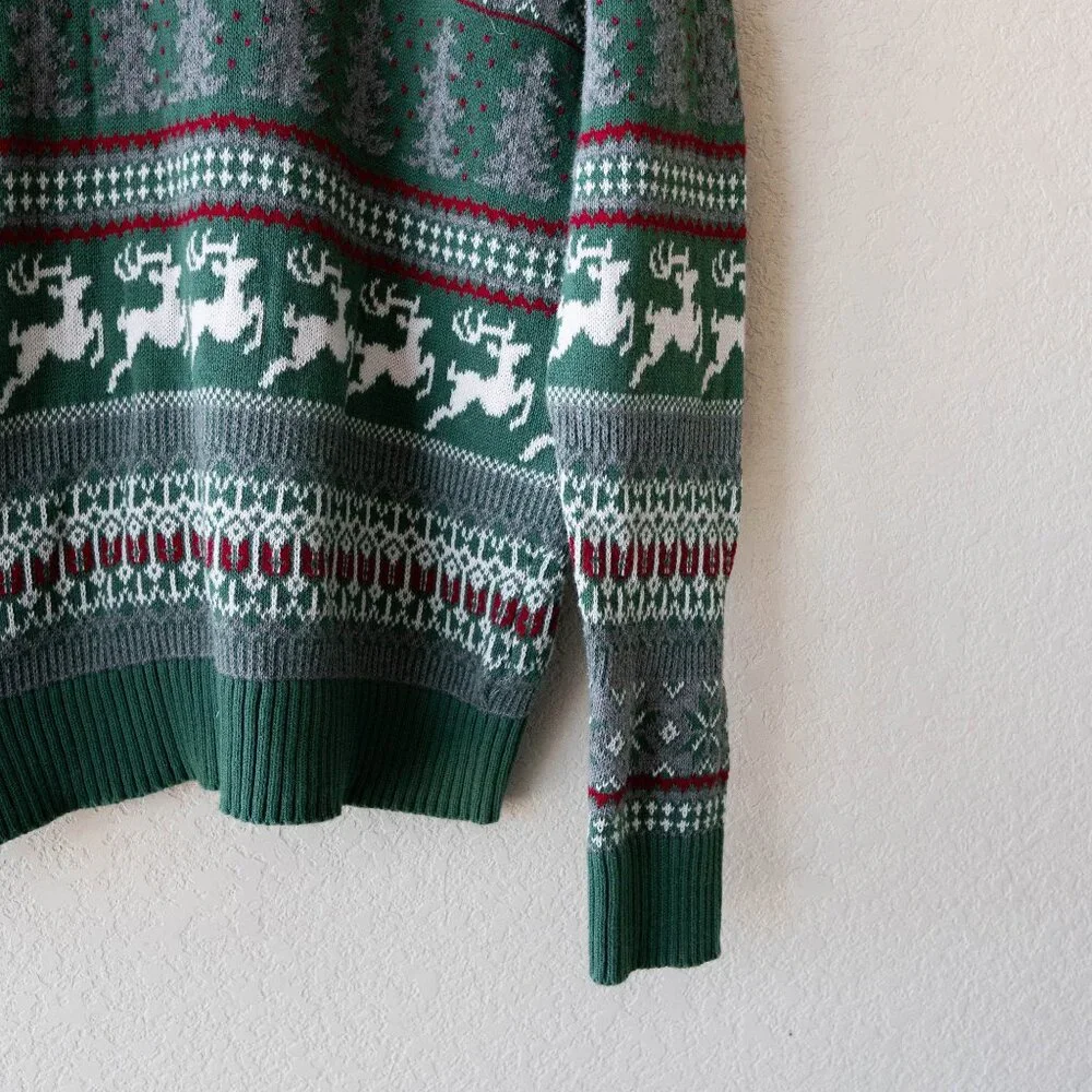 Aspen Men’s Fair Isle Sweater M Green Reindeer Christmas Holiday 100% Cotton